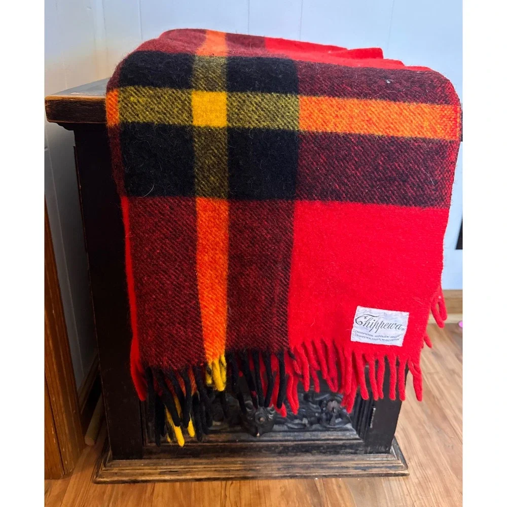 Vintage Chippewa Woolen Mills Red Plaid Wool Blanket Fringe 54x56 Made in USA